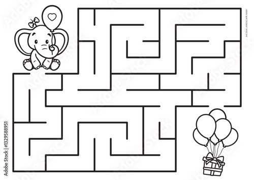 Vector black line printable maze. Format A4. Coloring book educational maze with cute cartoon elephant looking for a gift. Landscape size.