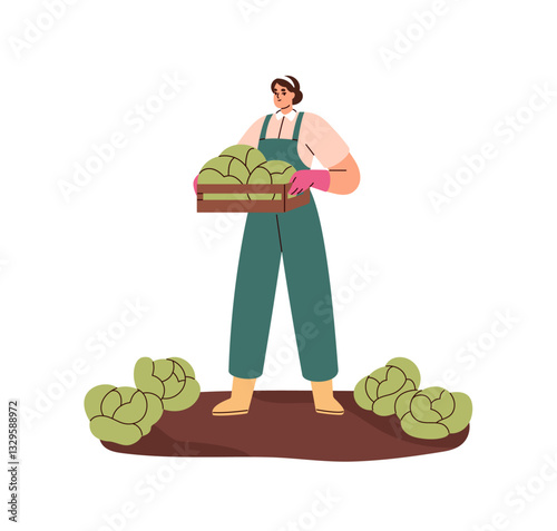 Farmer gathers cabbage, holds full wooden crate in hands. Agriculture worker picks up harvest. Woman works on farm, collects vegetables, crop. Flat isolated vector illustration on white background