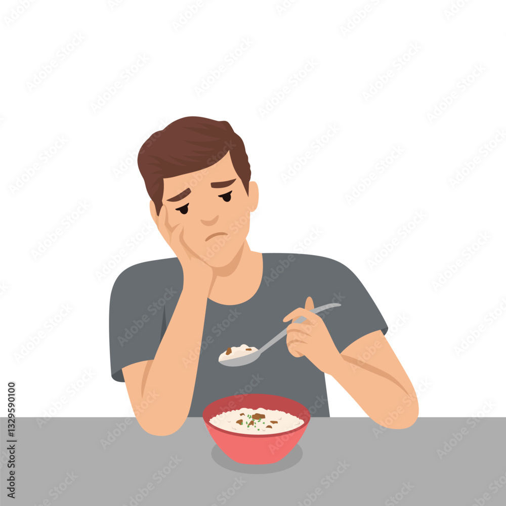 Young man looking uninterested and bored eating from a bowl of food, resting his face on his hand. Flat vector illustration isolated on white background Young man looking uninterested and bored eating from a bowl of food, resting his face on his hand. Flat vector illustration isolated on white background
