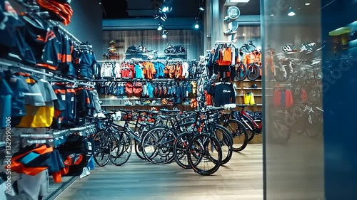 Vibrant cycling store showcasing a variety of bicycles and apparel in a modern retail space