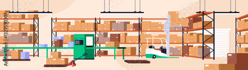 Empty factory warehouse with packages on shelves. Interior of storage building with forklift, boxes on racks. Logistic, service of shipment, distribution, delivery of goods. Flat vector illustration