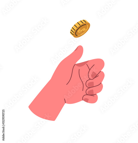 Person flipping golden coin with thumb. Human hand toss metal money with finger for luck. Fortune teller, cash to make choice, choose smth. Flat isolated vector illustration on white background