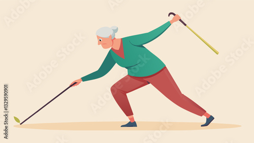 A retired teacher confidently demonstrating how to use a cane for selfdefense in a Senior SelfDefense class.. Vector illustration