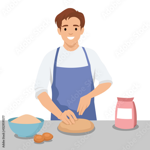 Baker wearing apron, kneading dough on a countertop with ingredients like flour and eggs beside him. Flat vector illustration isolated on white background