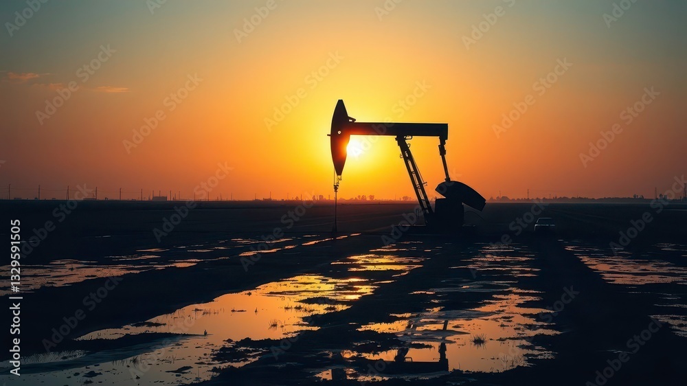 Fototapeta premium Rustic Oilfield Scene with a Silhouette Drilling Rig and Golden Yellow Sunset Light