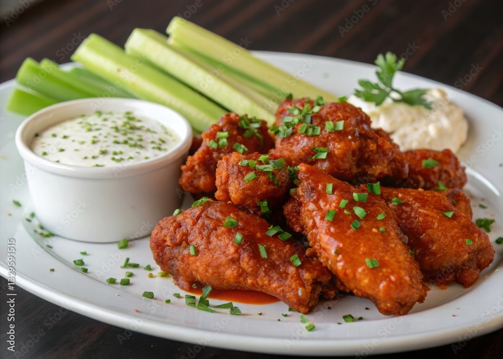 Savoring spicy buffalo chicken wings with celery and ranch dip at a cozy sports bar atmosphere