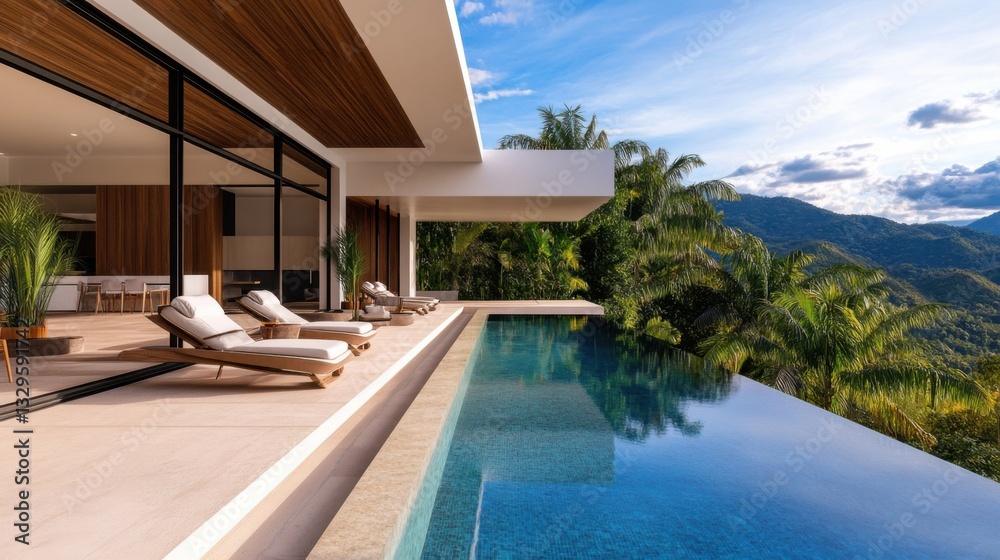 Fototapeta premium Luxury minimalist villa with a private infinity pool, panoramic nature views, and seamless indoor-outdoor flow