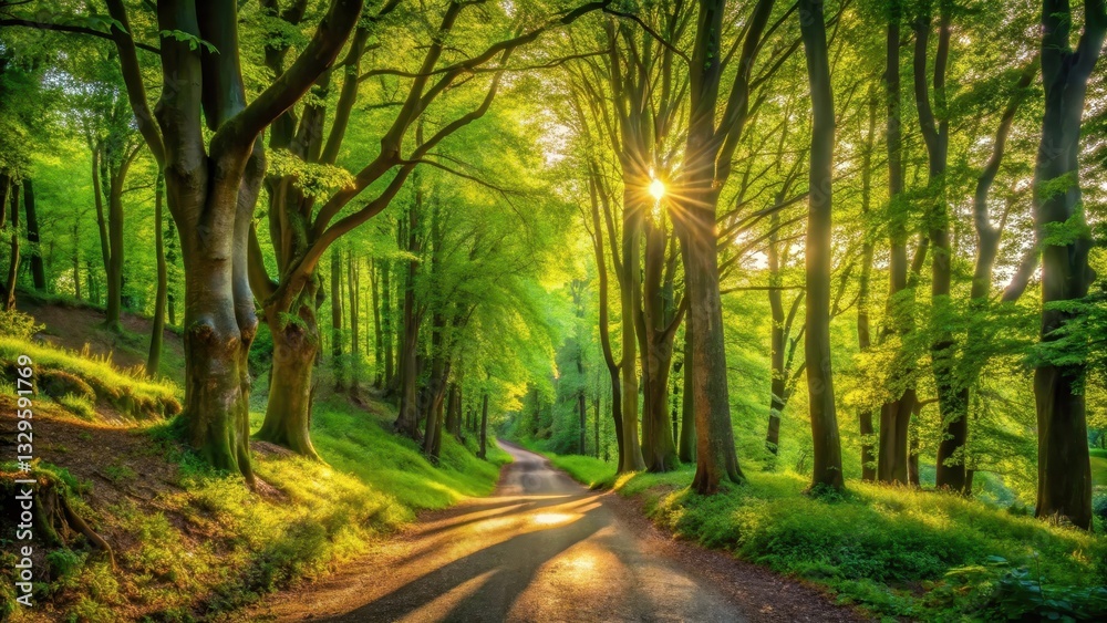 Naklejka premium Warm sunlight filters through lush green leaves of deciduous trees onto a winding forest path, casting dappled shadows and highlighting natural textures , path, dappled
