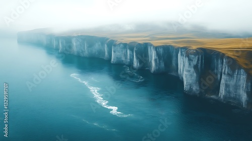 Majestic coastal cliffs shrouded in morning mist