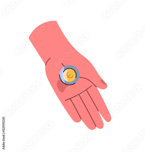 Little golden coin with euro sign on open palm. Human hand with silver cash money. Person holds metal currency. Finance, financial literacy, economy. Flat isolated vector illustration on white