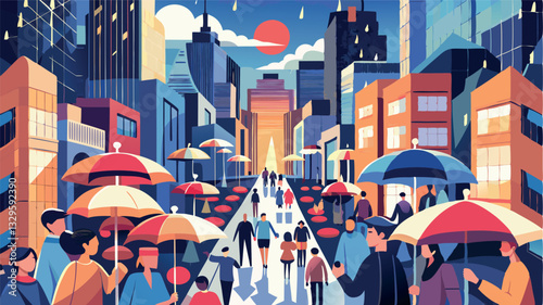 The city street is illuminated by lights reflecting on the wet asphalt after the rain. Everywhere, colorful umbrellas shelter people gracefully walking under their cover.