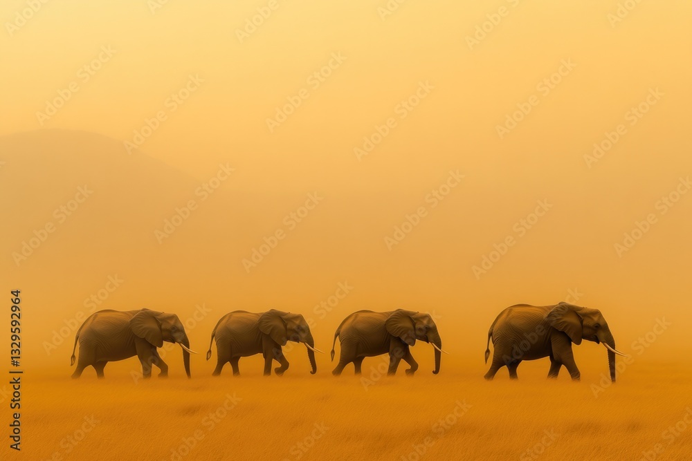 Fototapeta premium Majestic elephants traverse golden plains under soft, misty sky
