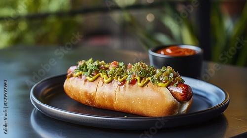 A hot dog with mustard, ketchup and relish