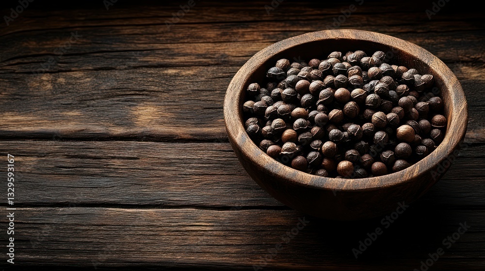 Wooden bowl filled with peppercorns on rustic wood Wooden bowl filled with peppercorns on rustic wood