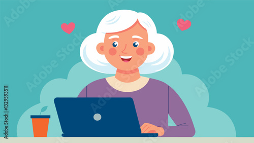 A smiling woman in her 60s scrolling through her feed pleasantly surprised by how easy it is to stay connected with loved ones through the internet.. Vector illustration