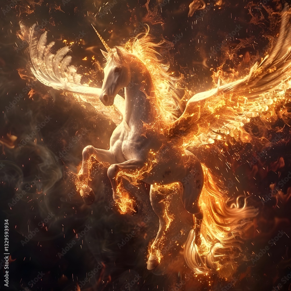 Obraz premium Burning Inferno Fire Pegasus Ethereal Mystical Unicorn Flame Wings