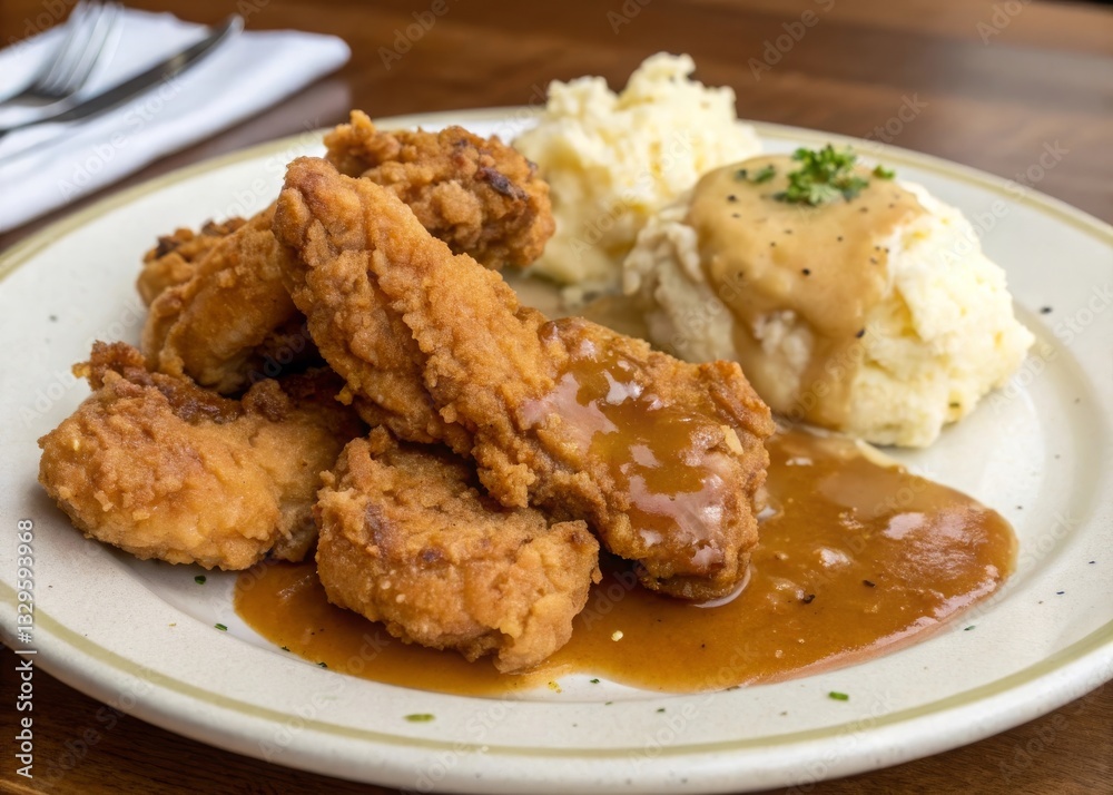 Savoring crispy fried chicken delight kitchen table food photography cozy atmosphere close-up golden crispy fried chicken with mashed potatoes Savoring crispy fried chicken delight kitchen table food photography cozy atmosphere close-up golden crispy fried chicken with mashed potatoes