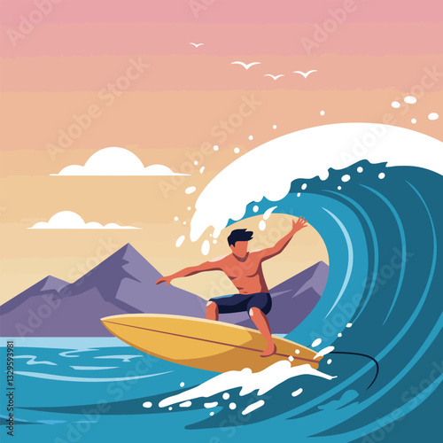 Man Surfing Large Ocean Wave at Sunset Vector Illustration