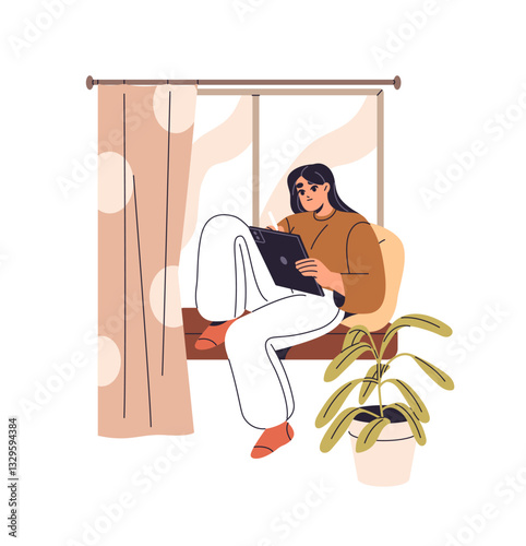 Digital artist sits on window sill and drawing. Creative freelancer painting at tablet at home office. Girl works online, studies by distance education. Flat isolated vector illustration on white