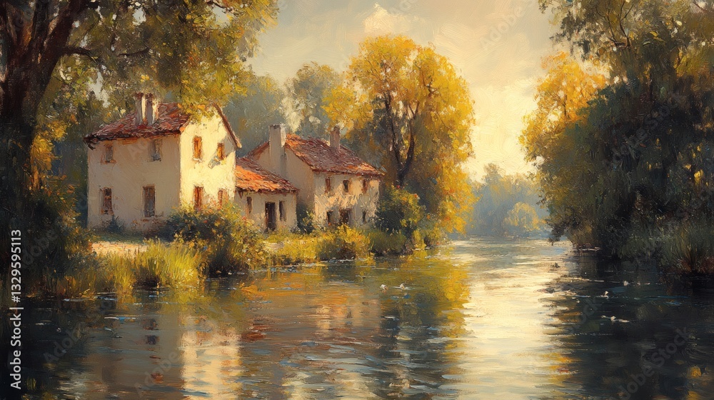 a picturesque rural scene featuring a charming house nestled by a tranquil river with lush green trees and a vibrant sky above a picturesque rural scene featuring a charming house nestled by a tranquil river with lush green trees and a vibrant sky above