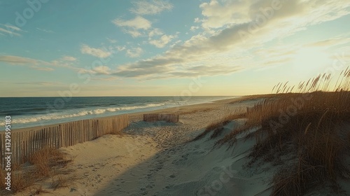 Hamptons Beach Sunset Landscape: Beautiful November Autumn Day at New York Beach