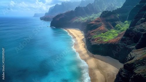 Hanalei Bay from Above: Aerial View of Turquoise Ocean and Cliffs at Ke'e Beach, Kauai
