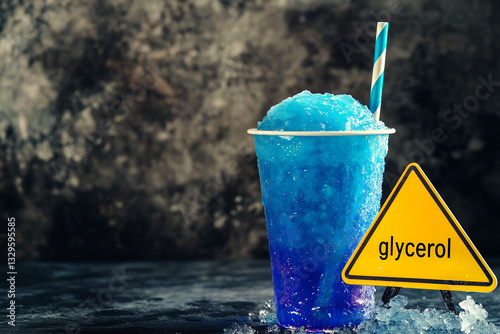 Blue frozen slush drink with glycerol warning sign on ice, refreshing summer beverage