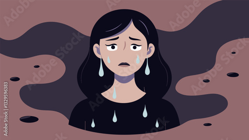 A teenage girl tears streaming down her face as she pours her heart out onto the page through a charcoal drawing.. Vector illustration