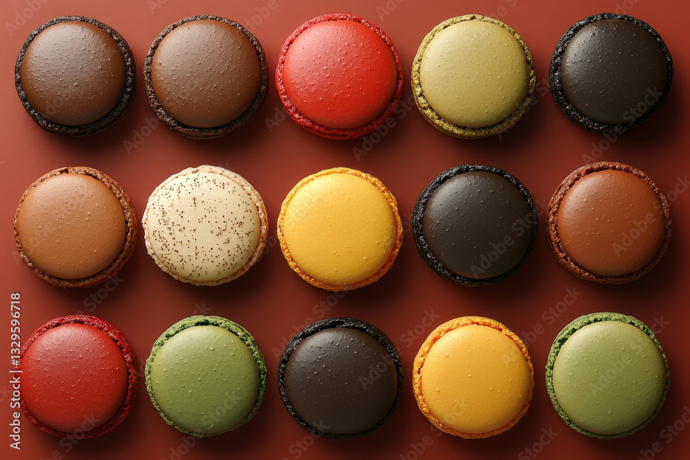 Variety of colorful macarons neatly arranged on a pastel blue plate, creating a vibrant and sweet display. Variety of colorful macarons neatly arranged on a pastel blue plate, creating a vibrant and sweet display.