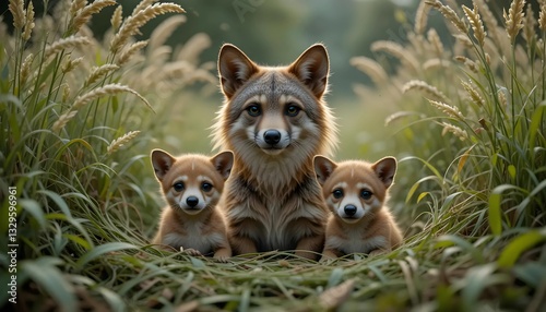Mother Fox and Cubs in Golden Sunlight