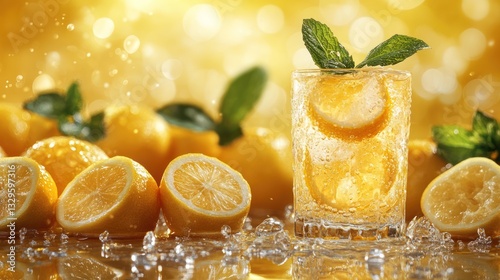 Lemonade with fresh lemon slices and mint, condensation on the glass, bright and fresh yellow background