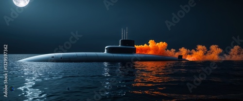 sleek submarine with orange exhaust plume gliding through dark waters.