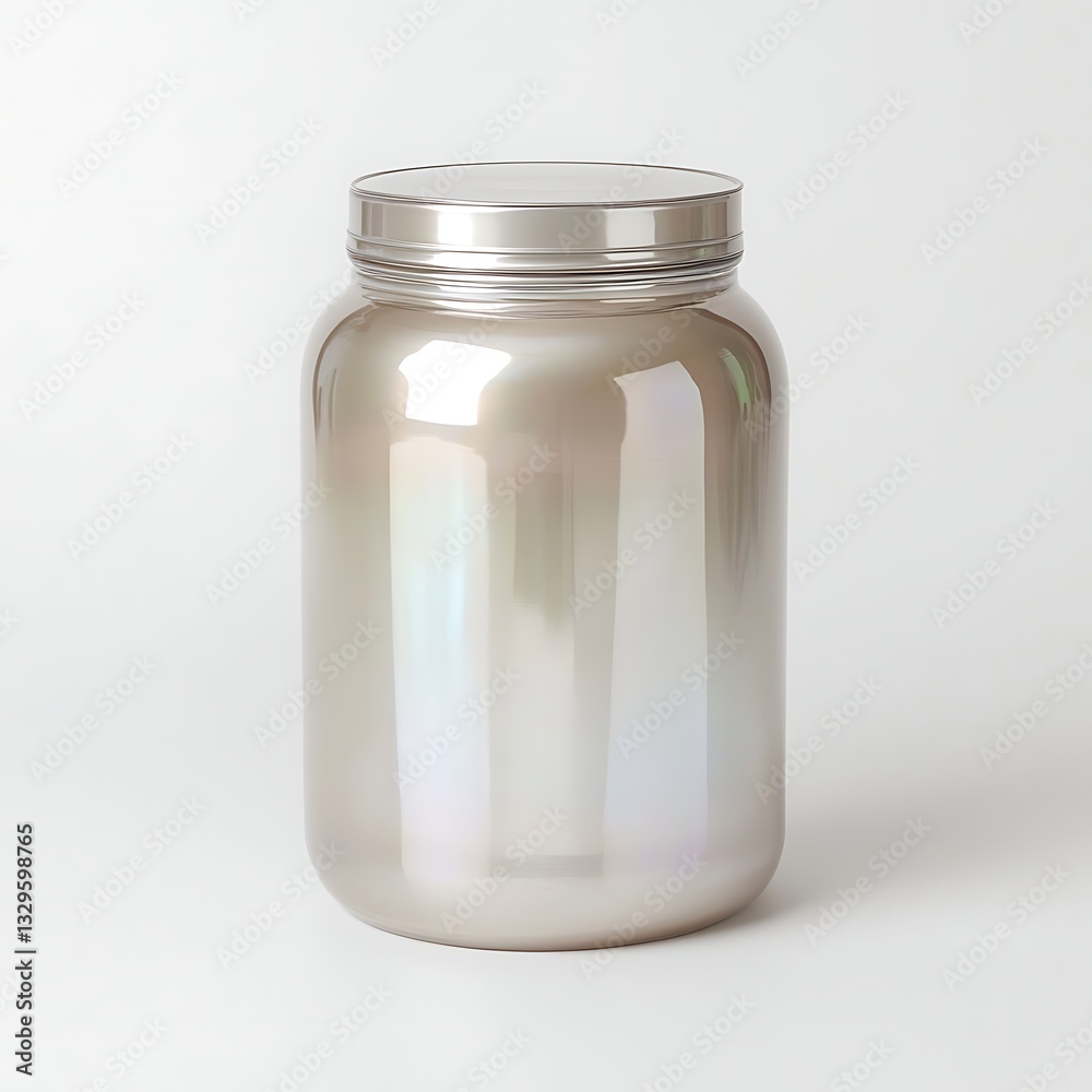 Iridescent Glass Jar with Silver Lid on White Background Iridescent Glass Jar with Silver Lid on White Background
