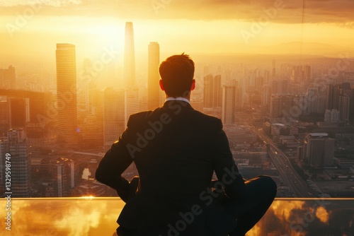 Businessman Contemplates Cityscape at Sunset