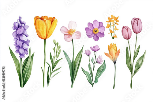 Watercolor, Set of Spring Flowers, cute illustration, clipart, simple, white background