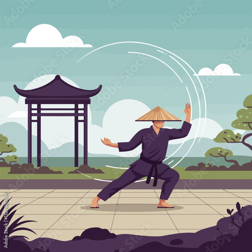 Practicing Martial Arts Outdoors Near Traditional Structure in Serene Setting
