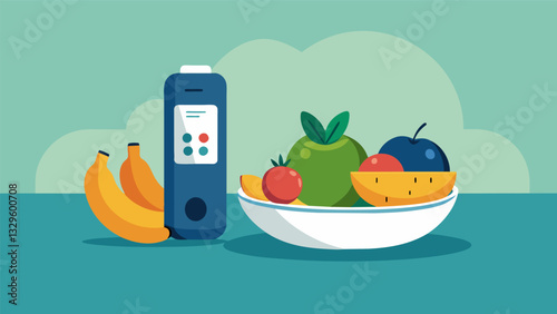 A fitness tracker displayed on a table next to a bowl of fruit showcasing how seniors can use technology to promote healthy habits.. Vector illustration