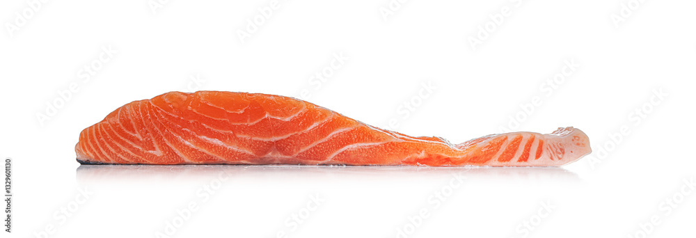 A fresh, raw salmon fillet with vibrant orange color and delicate white marbling, isolated on a white background.