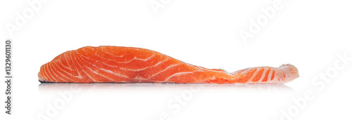 A fresh, raw salmon fillet with vibrant orange color and delicate white marbling, isolated on a white background.