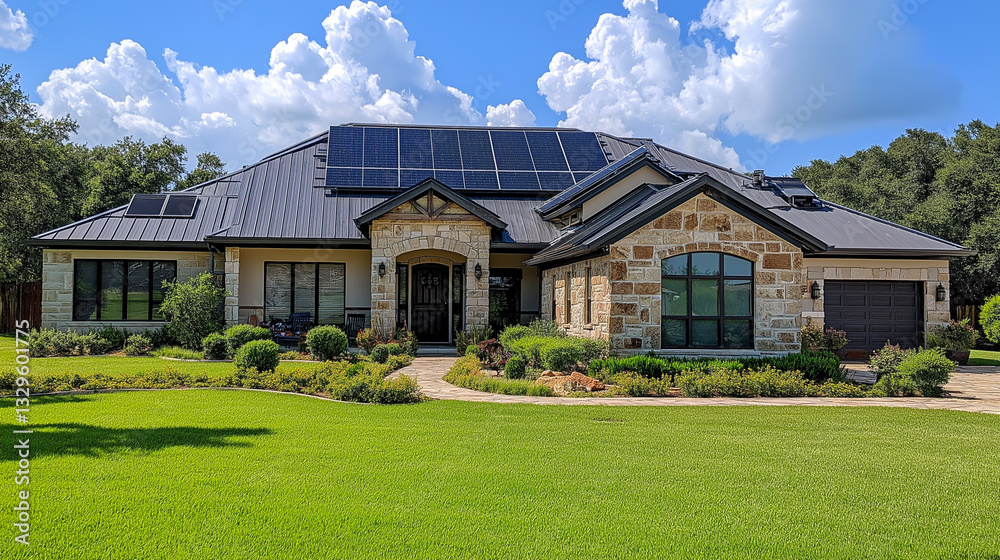 Obraz premium Modern house with solar panels in a lush green landscape during a sunny day