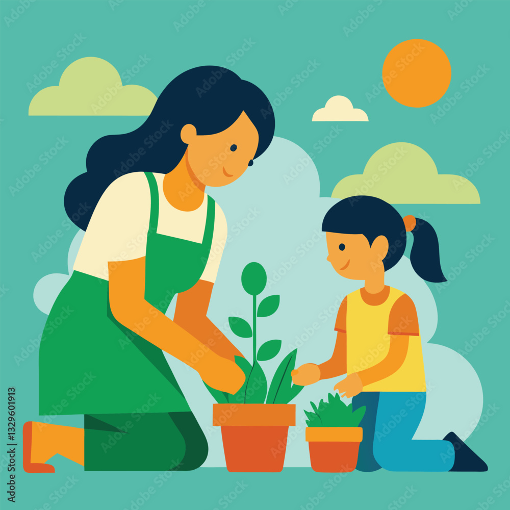 Happy Mother's Day: Mom & Daughter Gardening Fun Joy Love Care Flat Happy Mother's Day: Mom & Daughter Gardening Fun Joy Love Care Flat