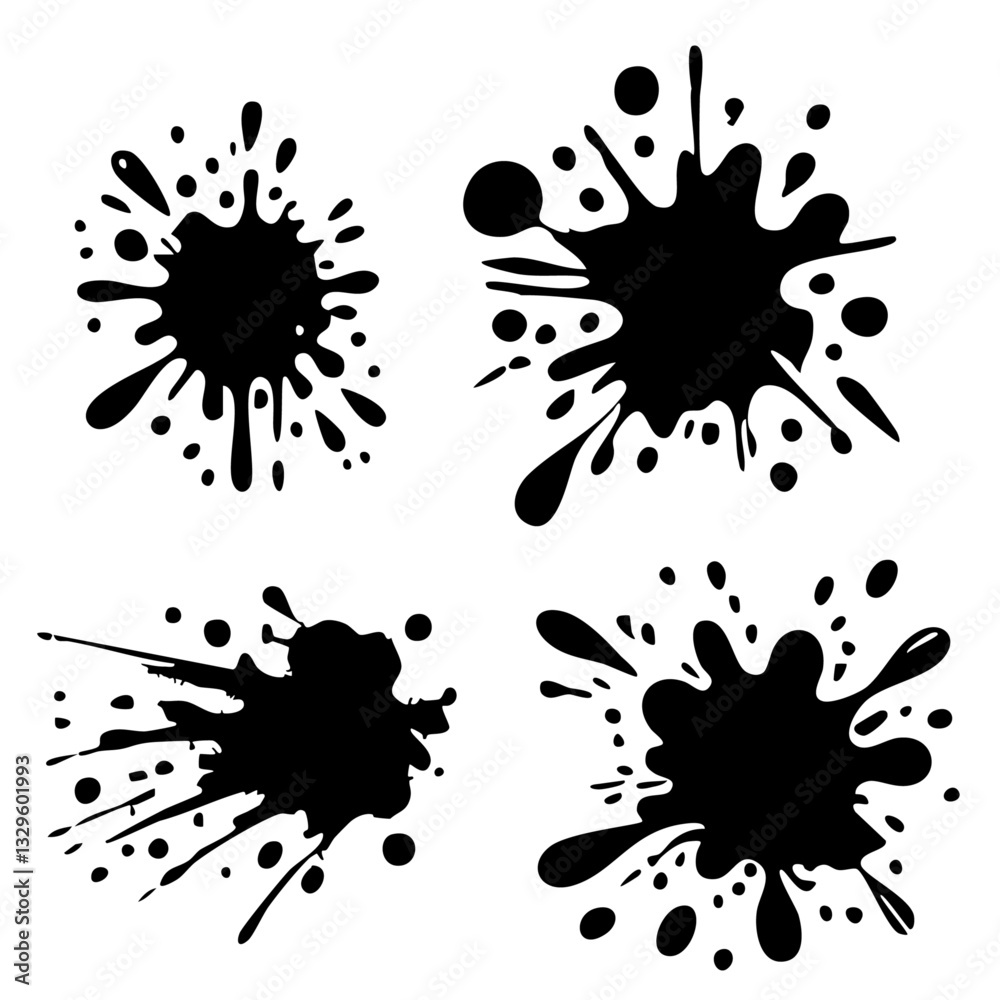 Set of vector ink splashes. Black paint splash spray.