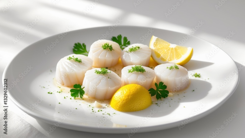 Fresh Raw Scallops with Lemon and Parsley Garnish Fresh Raw Scallops with Lemon and Parsley Garnish