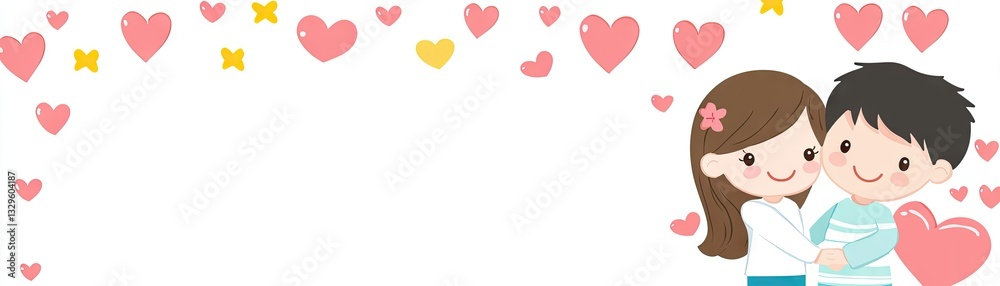 Cute couple embracing, hearts background, romantic banner, Valentine's Day Cute couple embracing, hearts background, romantic banner, Valentine's Day