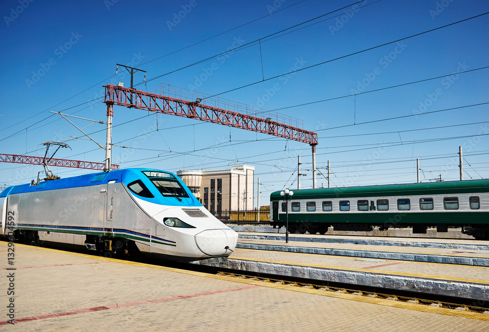 Fototapeta premium Afrosiyab high speed Bullet train at Bukhara Station in Uzbekistan