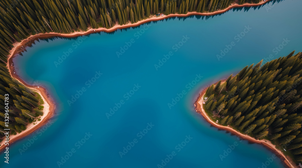 Fototapeta premium High-angle view of a vibrant turquoise lake surrounded by dense evergreen forests.