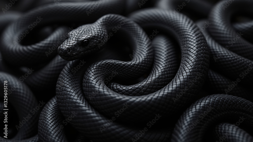Obraz premium close up of coiled black snake, showcasing its textured scales and sleek form, evokes sense of mystery and intrigue