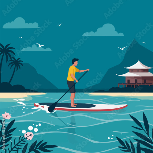 Man Paddle Boarding on Calm Ocean Near Shoreline with Lush Flora