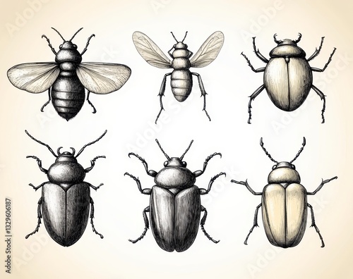 Six Detailed Insects Illustration Fly, Bee, and Beetles in Grayscale