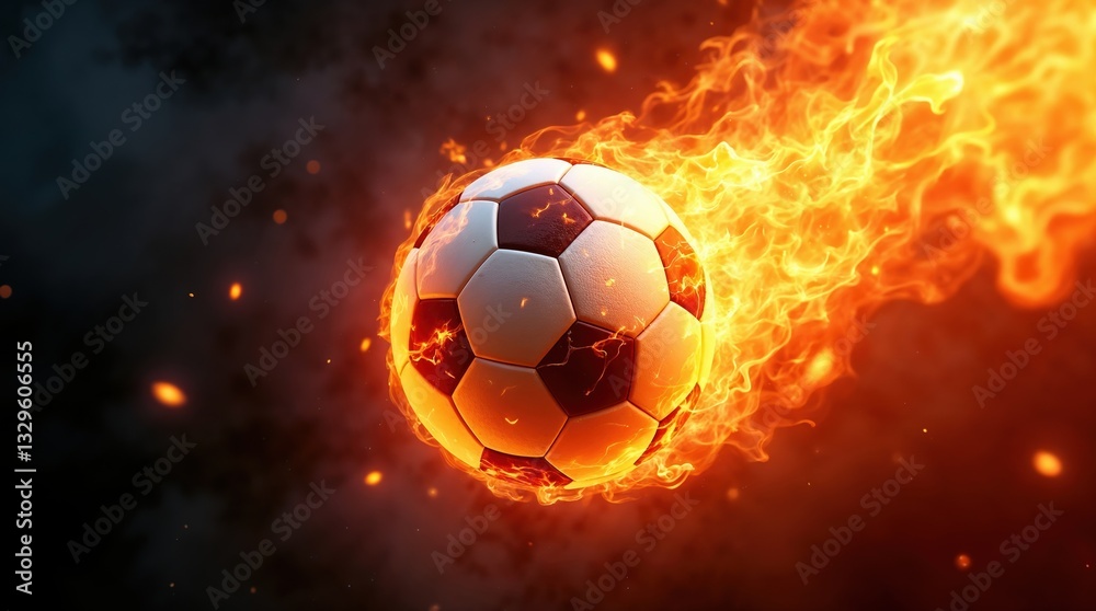 Naklejka premium Fiery Soccer Ball Soaring Through Flames in Intense Motion
